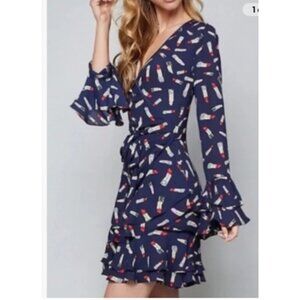 Bebe Wrap Navy Blue Lipsticks Print Long Sleeve Flare Sleeve Dress Size 2